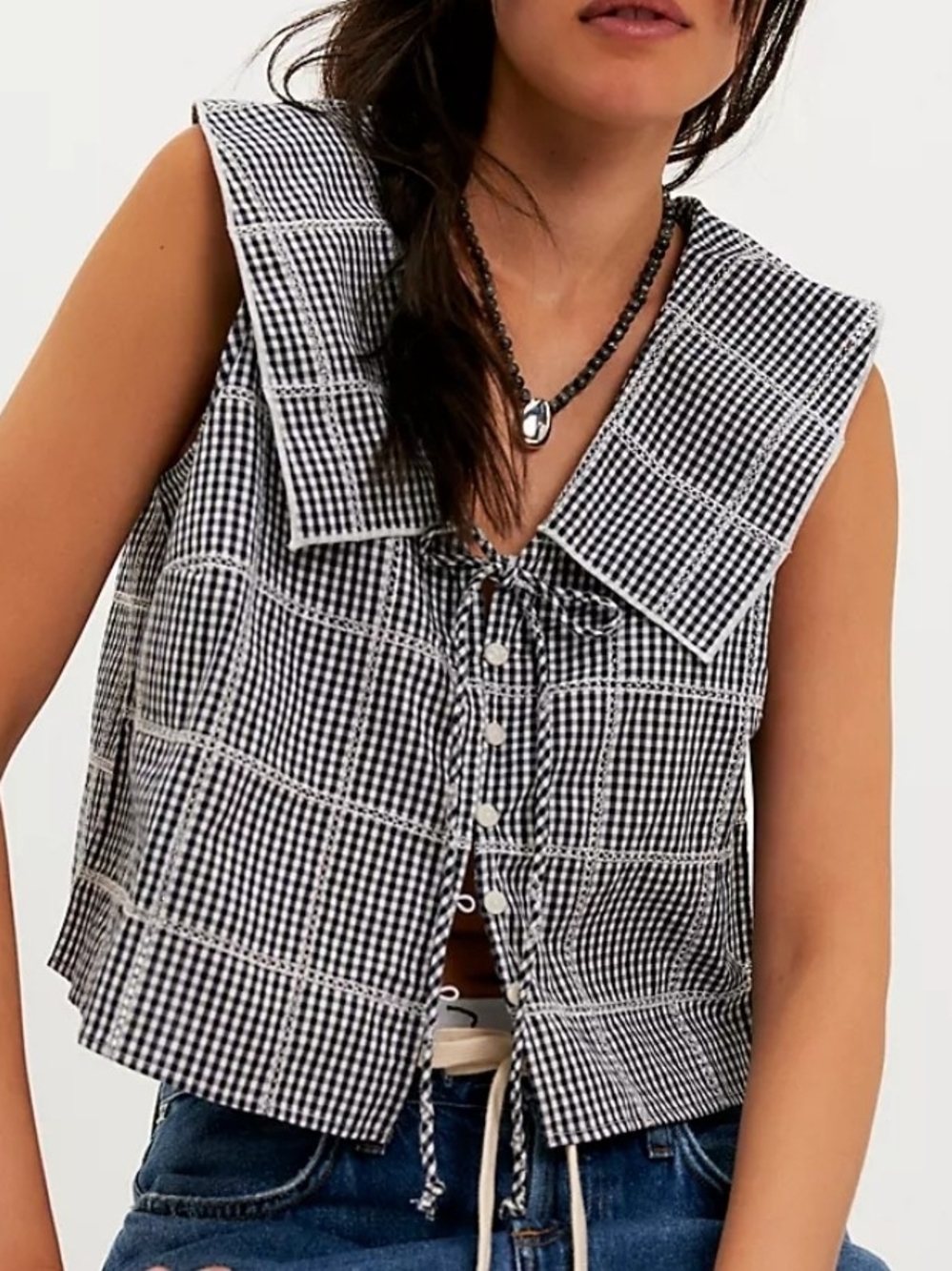 Free People Black & White Gingham Sailor-Collar Crop Top